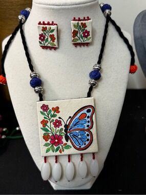 Handpainted Blue Butterfly Floral Pendant Necklace and Earring Set